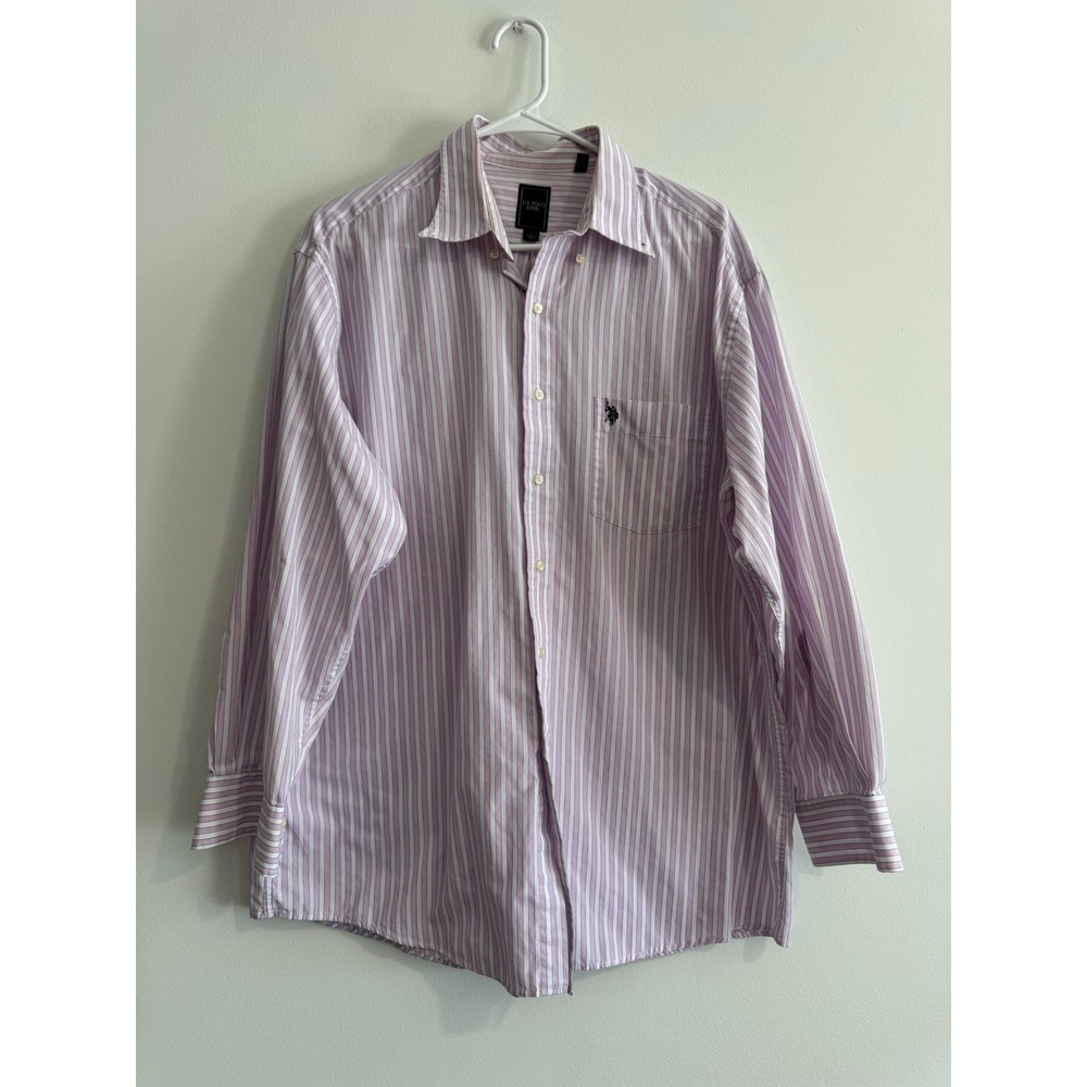 U.S. Polo Assn. Striped Button Down Mens L Purple White Long Sleeve Pocket‎